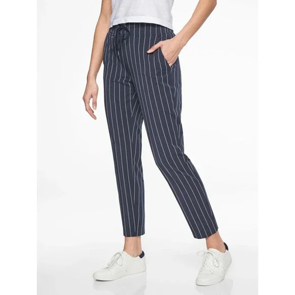 Athleta Jogger Pants 4 Petite Navy Blue Striped Midtown Ankle High Rise - Picture 1 of 15